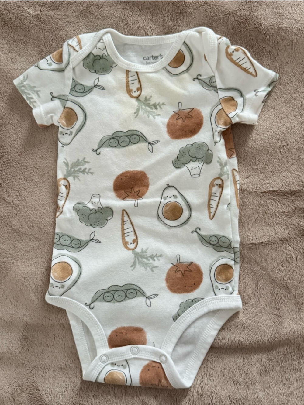 Carter's White Baby One-Piece with Tan & Green Veggie Print